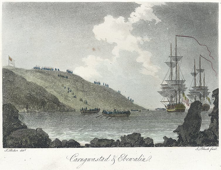 A coloured lithograph depicts two tall ships moored in a bay. The nearby coastline is dotted with figures and two rowing boats head to shore.