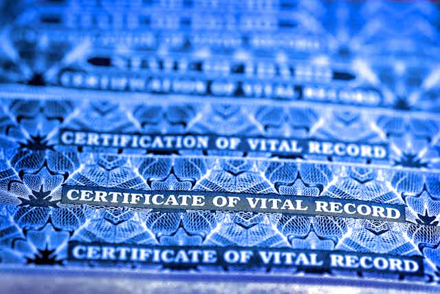 Close up of vital record certificate