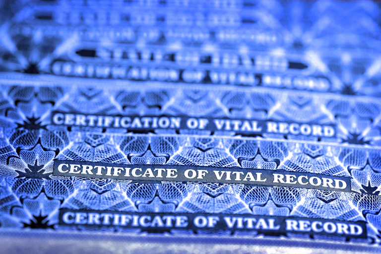 Close up of vital record certificate