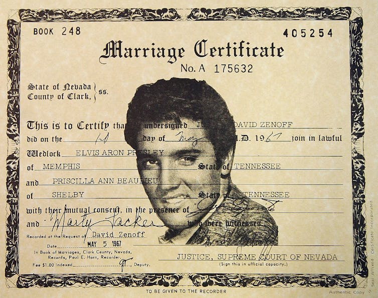 Marriage license of Elvis and Priscilla Presley, with Elvis' portrait printed in the center