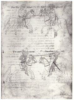 An Old English drawing of a joust on horses.