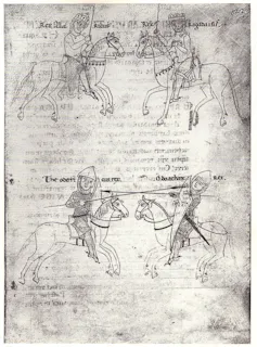 An Old English drawing of a joust on horses.