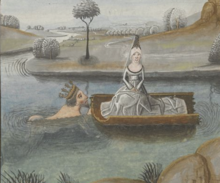 A woman floats in a stream on the inside of a log. A nude man with a crown follows her in the water. Medieval illustration.