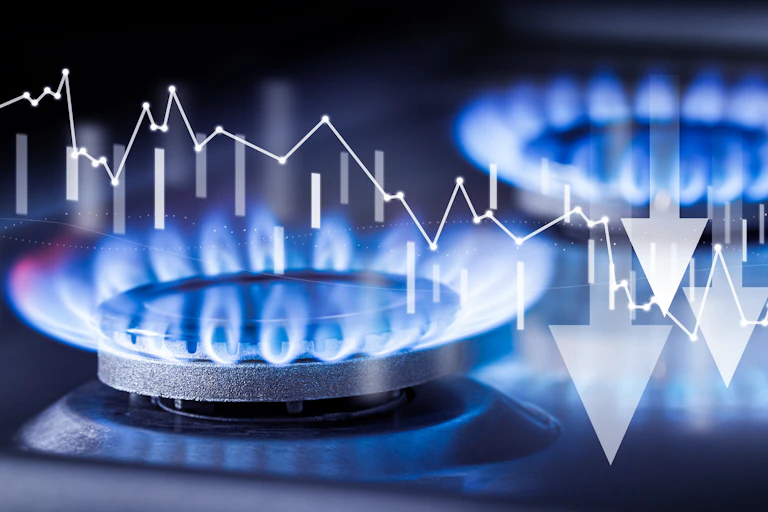 Gas stove with superimposed downwards arrows