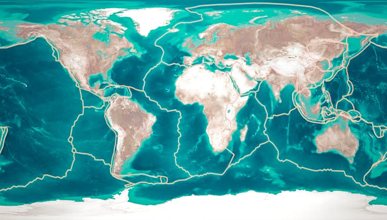 rectangular map of Earth with tectonic plates outlined