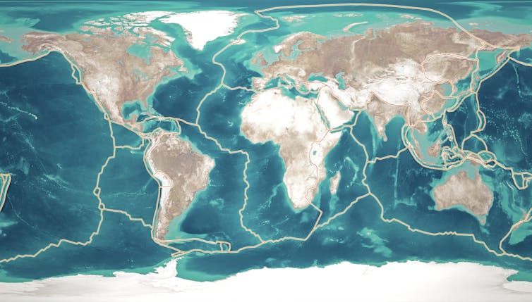 rectangular map of Earth with tectonic plates outlined