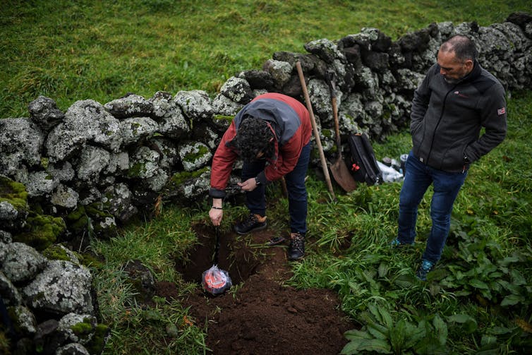 one person buries something in the ground while another watches