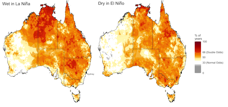Map showing odds of experiencing wet conditions in La Niña or dry in El Niño across Australia