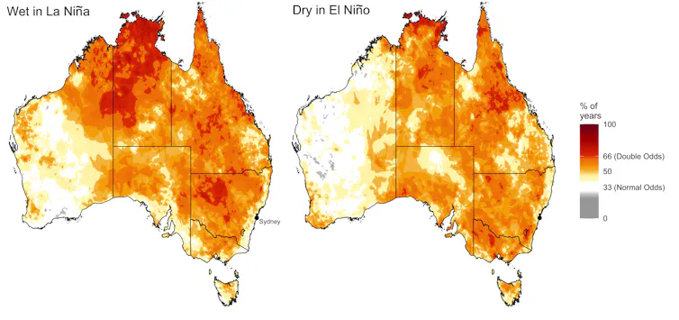 Map showing odds of experiencing wet conditions in La Niña or dry in El Niño across Australia