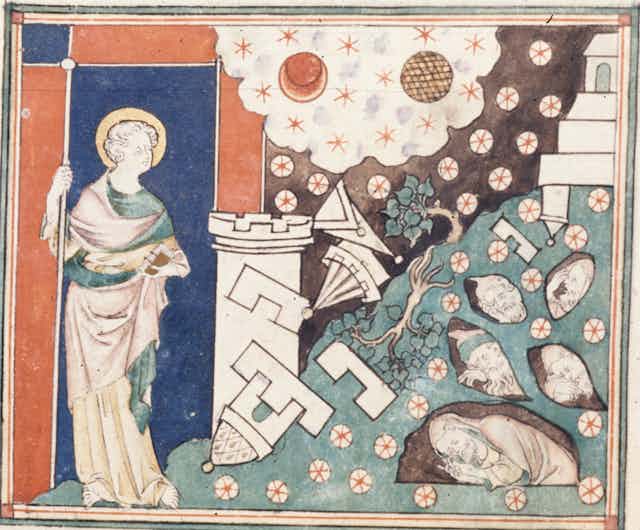 Artwork showing ruins and fallen stars, and the dead in holes.