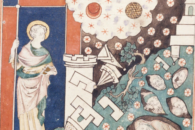 Artwork showing ruins and fallen stars, and the dead in holes.