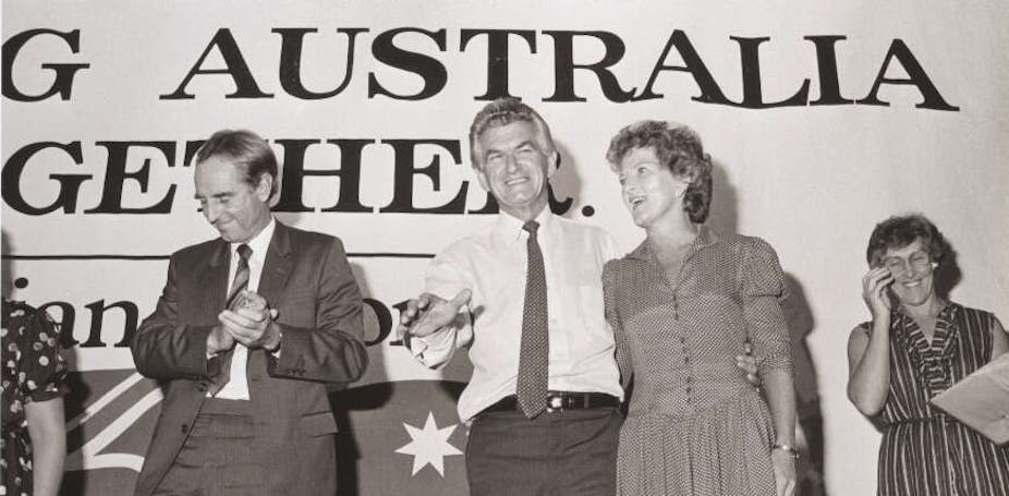 Bob and Hazel Hawke with Victorian Premier John Cain two days before Hawke was voted in as prime minister, Box Hill Town Hall, Melbourne, Victoria, 1983