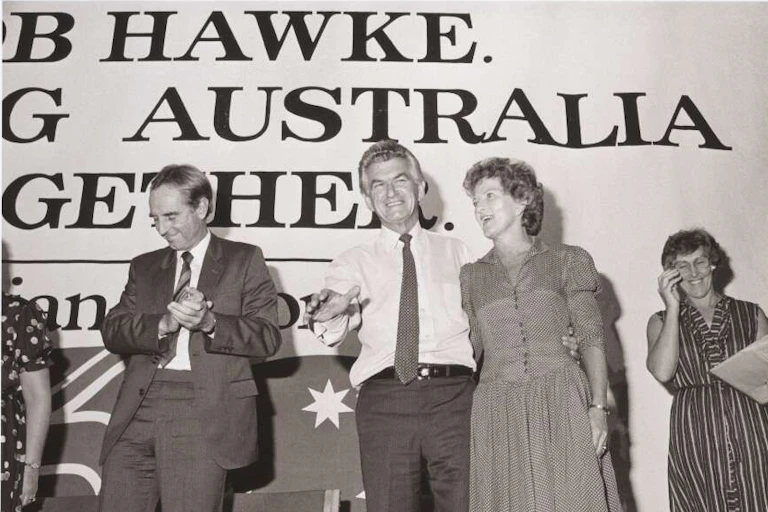 Bob and Hazel Hawke with Victorian Premier John Cain two days before Hawke was voted in as prime minister, Box Hill Town Hall, Melbourne, Victoria, 1983