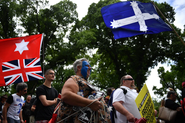 Group of men protesting at a rally while waving flags and carrying signs