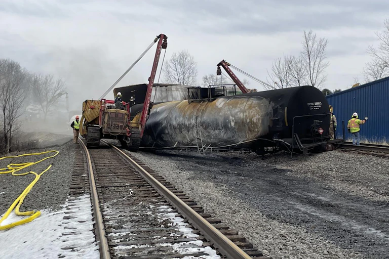 Workers use cranes to remove burned train cars