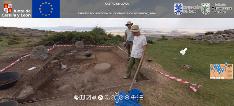 Una imagen de la visita virtual al castro en la que se ve a dos arqueólogos excavando.