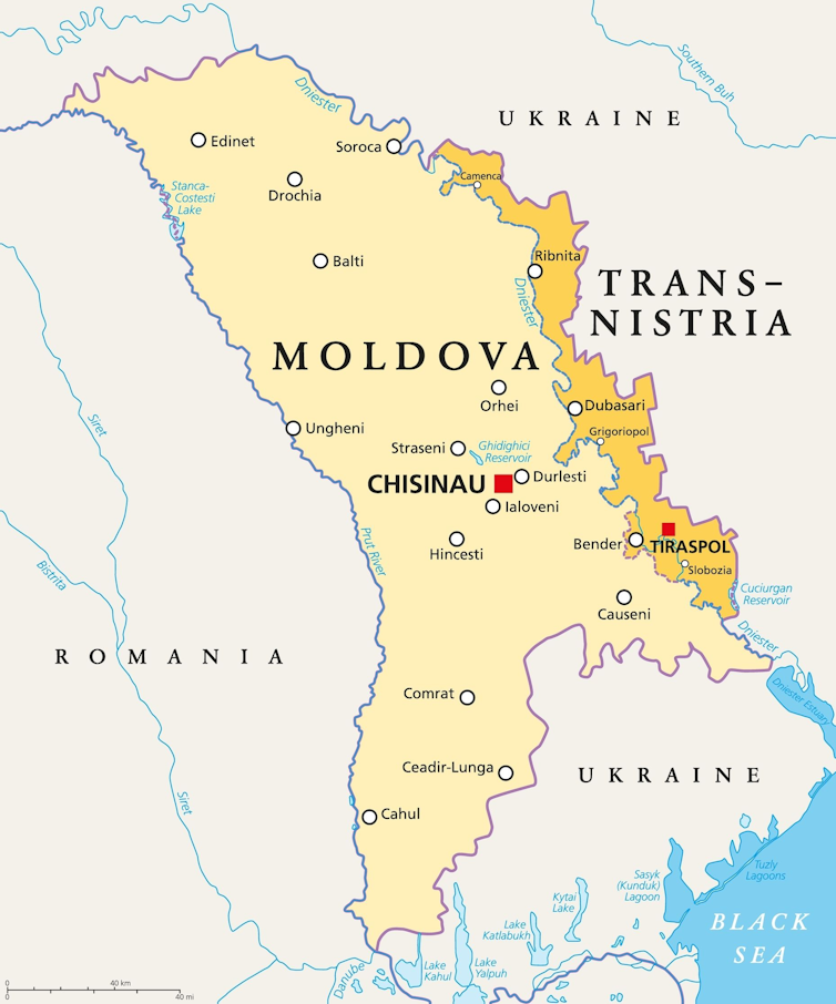 Map of Modola showing the breakaway pro-Russian region of Transnistria and surrounding countries.