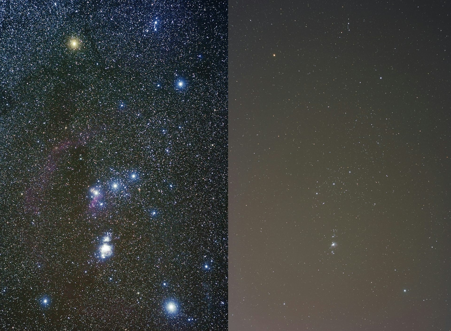 Two pictures of the constellation Orion with one showing many times more stars.
