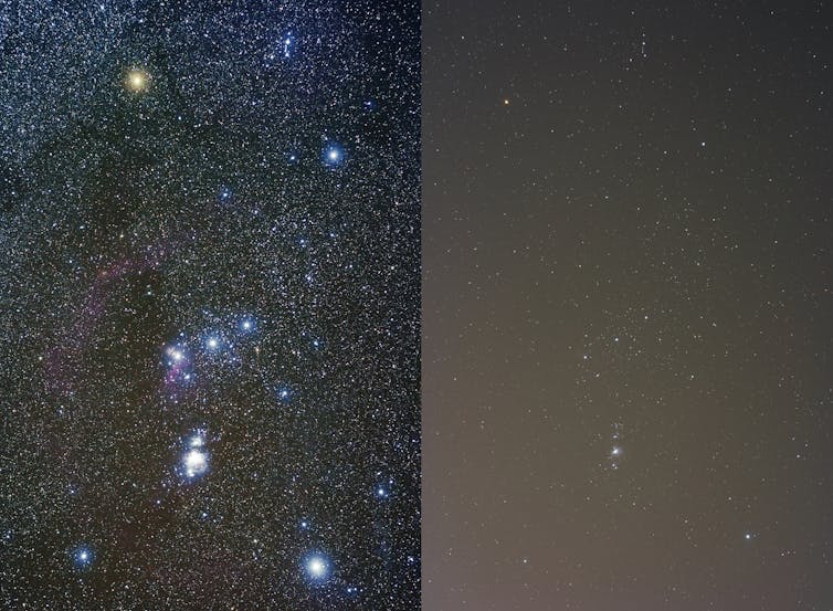 Two pictures of the constellation Orion with one showing many times more stars.