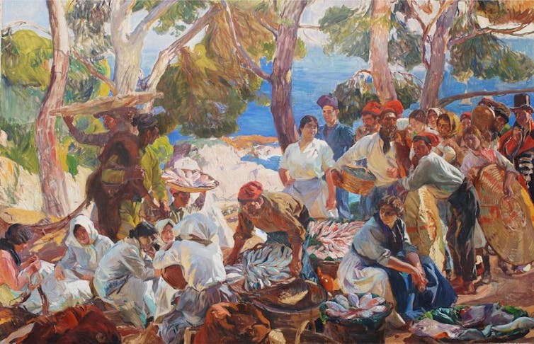 Una pintura que retrata a muchas mujeres vendiendo pescado.
