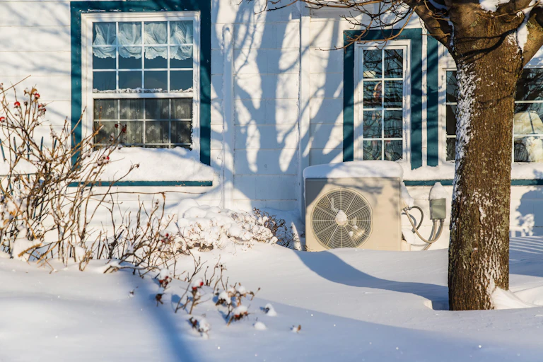 A heat pump attached to a wooden home shrouded in snow.