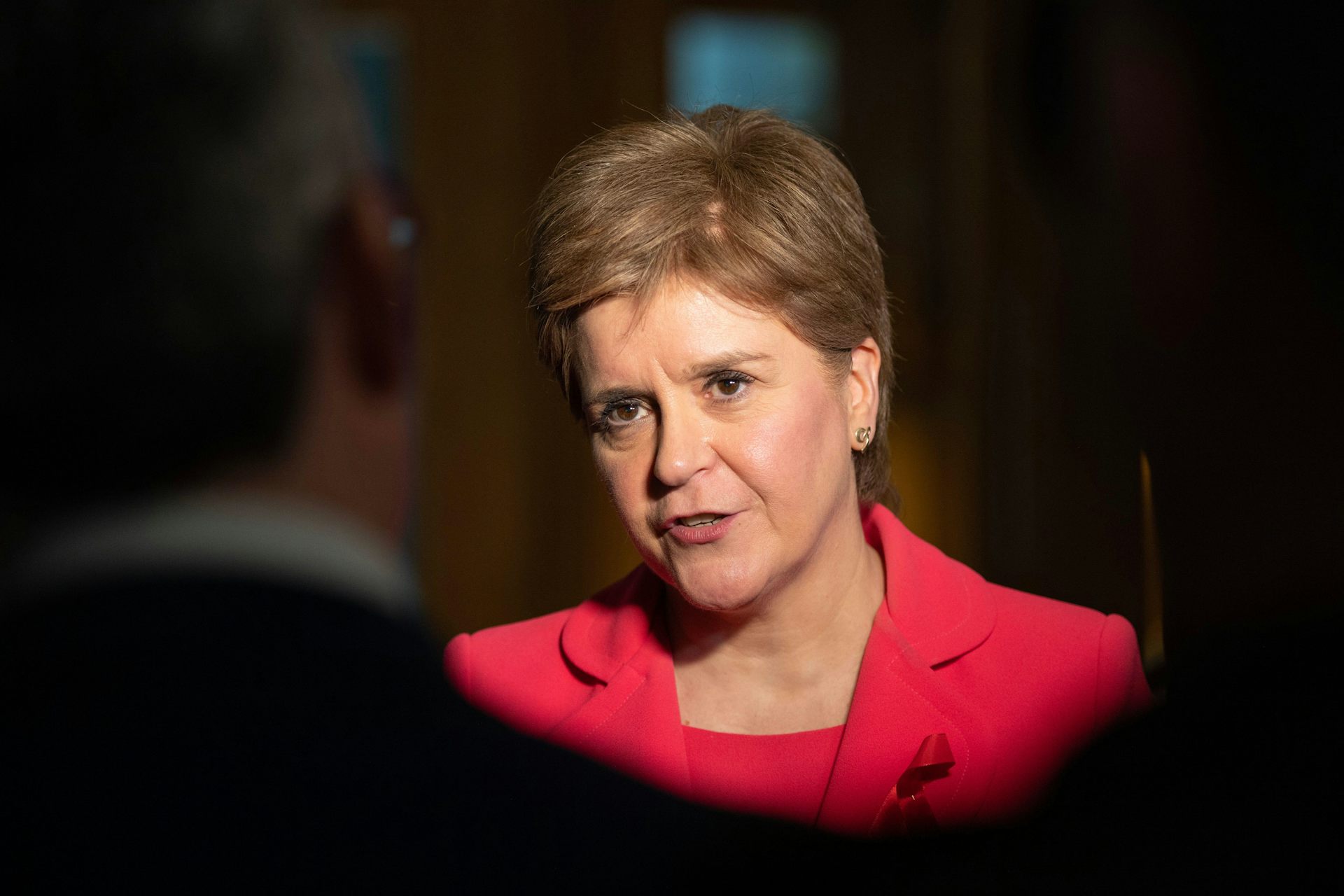 A woman in a red dress.
