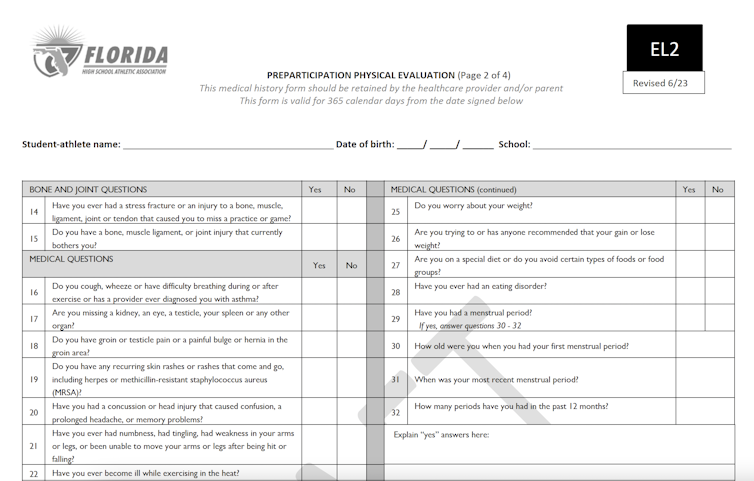 Screenshot of a medical form with questions about menstrual history