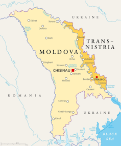 Map of Moldova showing the breakaway pro-Russian region of Transnistria and surrounding countries.