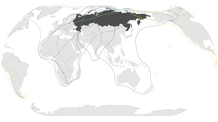Map showing migratory bird routes that stretch from Russia south to Africa, Asia and Australia.