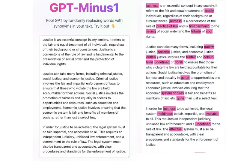 GPT-Minus1 makes small changes to text to make it look less AI-generated.