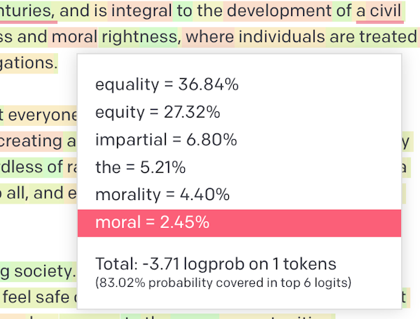 One of OpenAI’s natural language model interfaces (Playground) gives users the ability to see the probability of selected words. In the above screenshot (captured on Feb 1, 2023), we can see that the likelihood of the term ‘moral’ being selected is 2.45%, which is much less than ‘equality’ with 36.84%. OpenAI Playground
