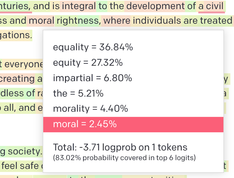One of OpenAI’s natural language model interfaces (Playground) gives users the ability to see the probability of selected words