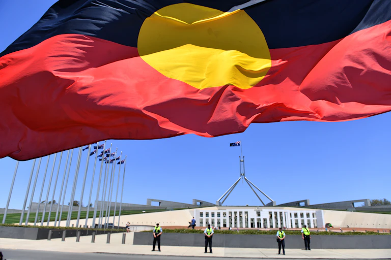 Aboriginal flag in front of the Parliament of Australia, Canberra