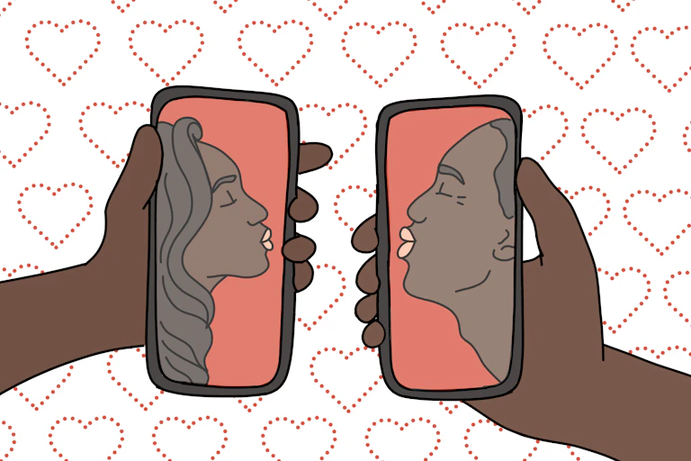 An illustration showing two cellphones being held by two hands. A male and a female African figure is seen in profile on either screen. They are making a kissing shape with their lips, against a backdrop of heart illustrations.