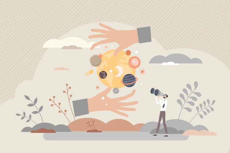 Ilustración de un hombre con prismáticos mirando un globo terrestre rodeado de la Luna y planetas.