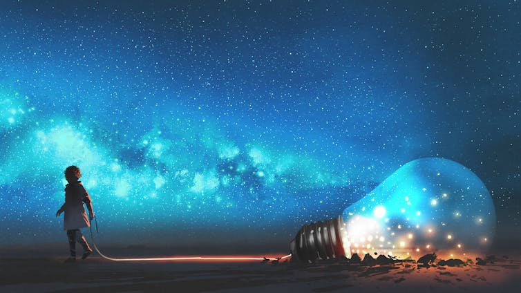 boy pulling giant light bulb half buried in the ground against night sky with stars and space dust