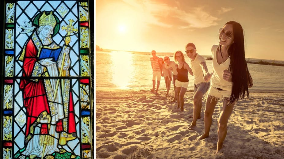 On the left is a stained glass window featuring a man in red robes carrying a cross. On the right, a group of people line up on a beach. The sun is shining and they are all smiling. 