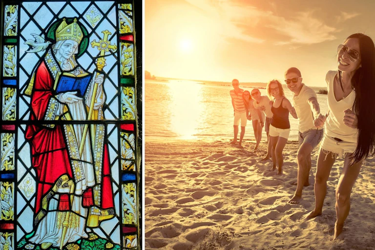 On the left is a stained glass window featuring a man in red robes carrying a cross. On the right, a group of people line up on a beach. The sun is shining and they are all smiling.