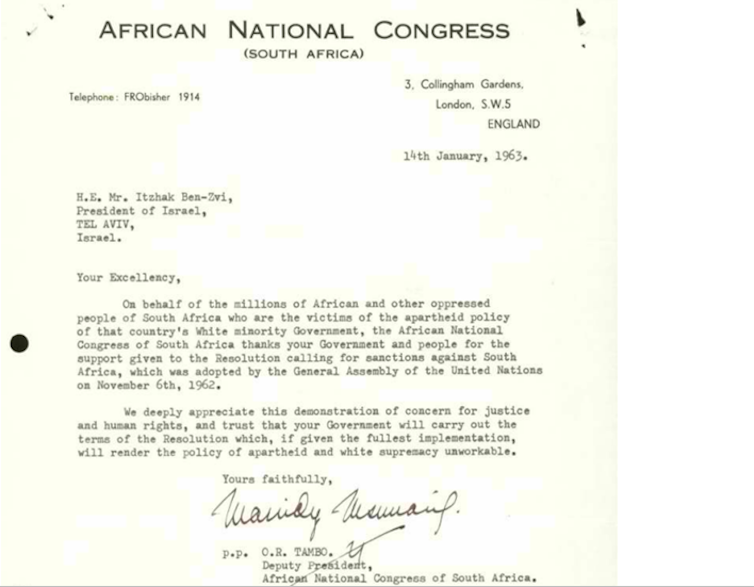 An old typed letter signed by an ANC official praises Israel