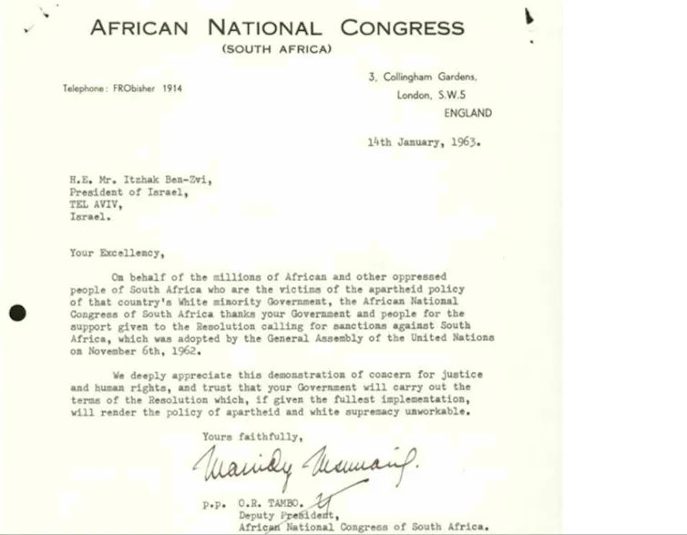 An old typed letter signed by an ANC official praises Israel