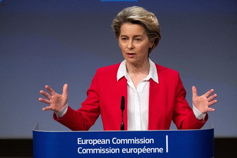 Ursula von der Leyen in mid-flow at a podium