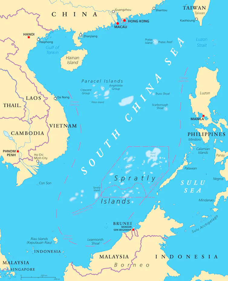Map of South China Sea and surrounding countries.
