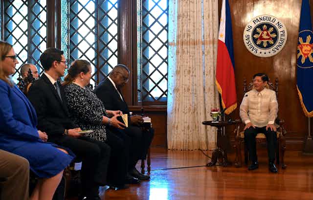 US secretary of defense Llord Auston and aides meet with Philippines president Ferdinand Marcos Jnr
