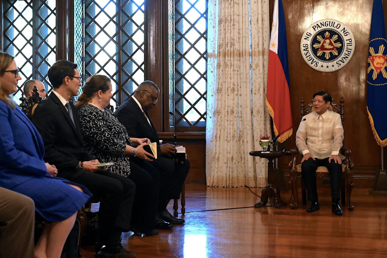 US secretary of defense Llord Auston and aides meet with Philippines president Ferdinand Marcos Jnr