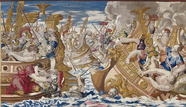 Un tapiz muestra una batalla naval entre dos ejércitos romanos. 