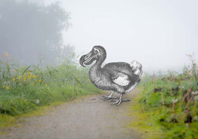 A gray and white drawing of a chubby bird stands on a path against a misty background.