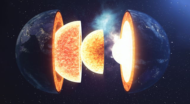 Illustration of a dark sphere with a hot layered inner centre representing Earth's core