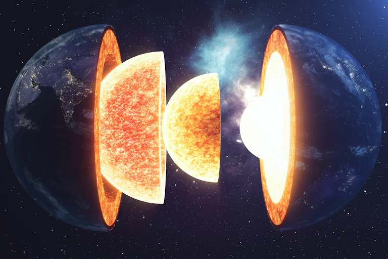Illustration of a dark sphere with a hot layered inner centre representing Earth's core