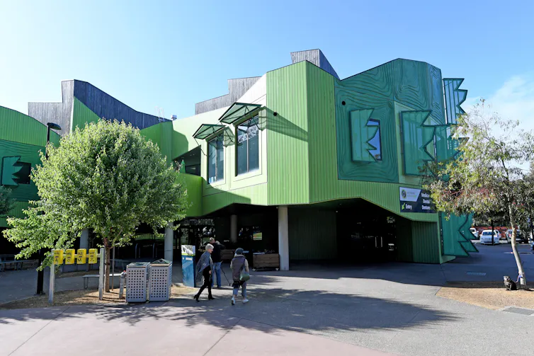 a large green building