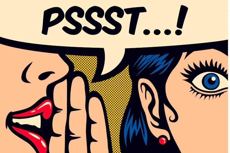 Pop Art style comic book panel gossip girl whispering in ear secrets with speech bubble